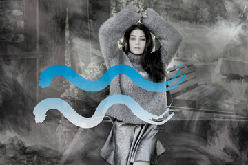 Woman and astrological symbol of horoscope aquarius
