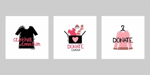 Donate clothes. Cardboard box with t-shirt and winter clothes, volunteering and support poor people, second hand shop, charity and donation concept vector doodle isolated poster set