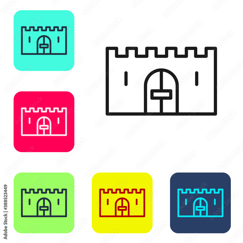 Poster black line medieval castle gate in a stone wall icon isolated on white background. medieval fortress