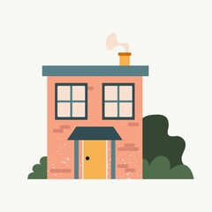 Cartoon Cottage. Hand drawn home facade with texture frond view, cute bright townhouse and family house in countryside, real estate modern design flat vector isolated illustration