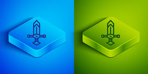 Isometric line Medieval sword icon isolated on blue and green background. Medieval weapon. Square button. Vector.