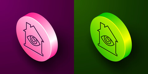 Isometric line House with eye scan icon isolated on purple and green background. Scanning eye. Security check symbol. Cyber eye sign. Circle button. Vector.