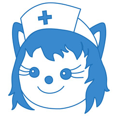smiling wolf nurse wearing a retro medical bonnet with cross symbol or sign, simplistic facial expression vector illustration, simple hand drawn emoticon, funny cartoon character
