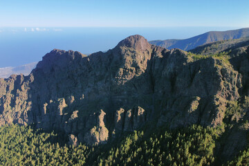 Aerial volcanic landscape formed by the crater of a volcano in Guimar, Tenerife, Canary Islands. High quality photo