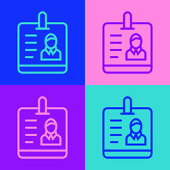 Pop art line Identification badge icon isolated on color background. It can be used for presentation, identity of the company, advertising. Vector.