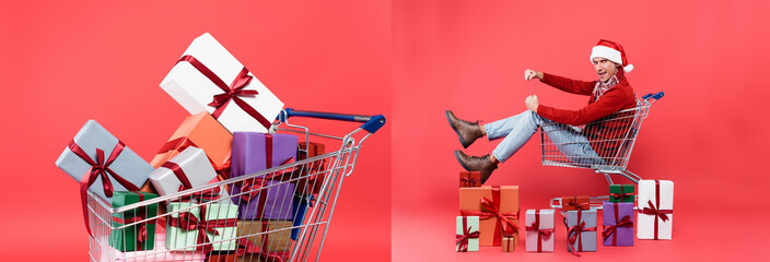 Collage of man in santa hat sitting in shopping cart near presents on red background, banner