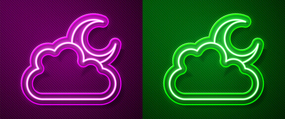 Glowing neon line Cloud with moon icon isolated on purple and green background. Cloudy night sign. Sleep dreams symbol. Night or bed time sign. Vector.