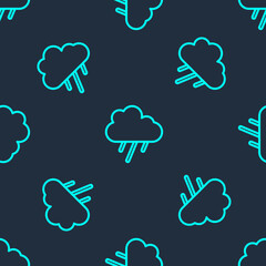 Obraz premium Green line Cloud with rain icon isolated seamless pattern on blue background. Rain cloud precipitation with rain drops. Vector.