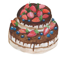 Chocolate cake with summer fruits, blueberries and strawberries. Layered chocolate cake decorated with cream and berries. Cake with raspberries topping. Strawberry torte. Tasty dessert. Gourment dish.
