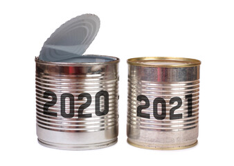 Canned food with numbers 2021. Concept of beginning of new year