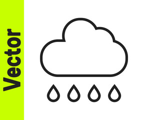 Black line Cloud with rain icon isolated on white background. Rain cloud precipitation with rain drops. Vector.