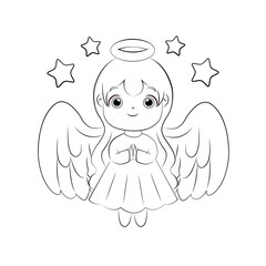 Cute Christmas angel girl decorated with stars. Kids coloring page vector isolated on white background.