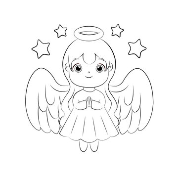 Cute Christmas angel girl decorated with stars. Kids coloring page vector isolated on white background.