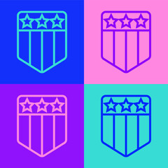 Pop art line Shield with stars and stripes icon isolated on color background. United States of America country flag. 4th of July. USA Independence day. Vector.