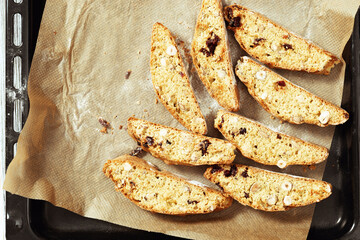 Sweet cantuccini biscuits. Homemade Italian biscotti cookies baked in oven