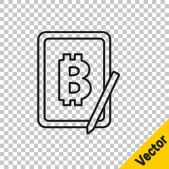 Black line Mining bitcoin from graphic tablet icon isolated on transparent background. Cryptocurrency mining, blockchain technology service. Vector.