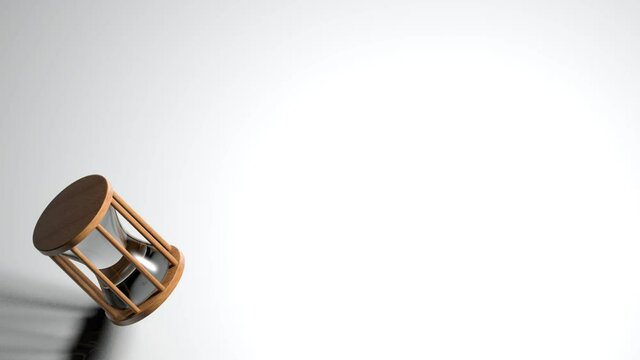 A wooden hourglass is rotating in the air over a white backround, at the left bottom corner of the screen - 3D rendering illustration