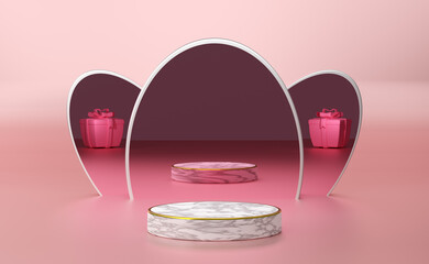 podium empty with geometric shapes in pink pastel composition for modern stage display and minimalist mockup ,abstract showcase background ,Concept 3d illustration or 3d render