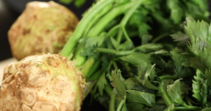 Close up shot of freshly harvested celery root rotating at black background