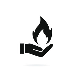Hand with fire flame icon isolated on white background. Vector illustration