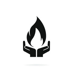 Hand with fire flame icon isolated on white background. Vector illustration