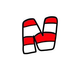 Cartoon Stylized Christmas Candy Cane Letter N