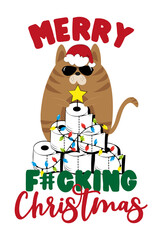 Merry Fucking Christmas- Cool cat and Toilet paper Christmas tree. Funny greeting card for Christmas in covid-19 pandemic self isolated period. 