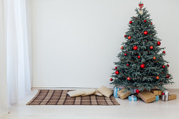 Christmas tree pine decor presents new year house white background