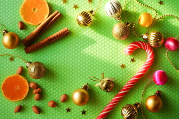 Christmas ( Xmas) baking green background. Frame made of New Year holiday   decorations. Top view, copy space, flat lay.	
