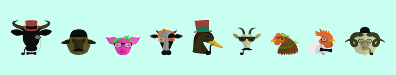 set of farm animals in hipster style cartoon icon design template with various models. vector illustration isolated on blue