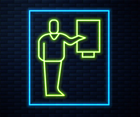 Glowing neon line Museum guide icon isolated on brick wall background. Vector.