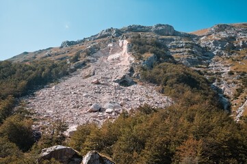The landslide of a mountain peak in the Sibillini National Park (Marche, Italy, Europe)