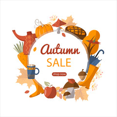 Autumn seasonal banner design. Autumn sale text autumn details background. sweater, cocoa, boots, pumpkin, carrots, leaves, maple, mushroom, acorn, umbrella, comfort, keep warm, discounts, pie