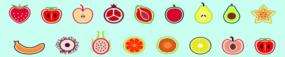 set of sliced fruit cartoon icon design template with various models. vector illustration isolated on blue background