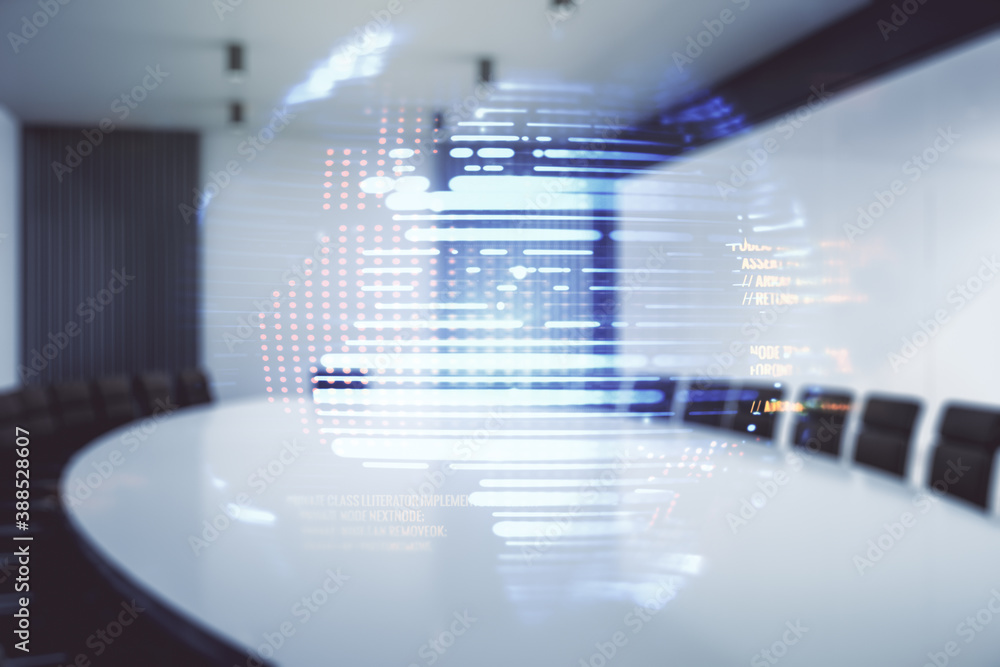 Poster multi exposure of abstract programming language hologram and world map on a modern furnished office 