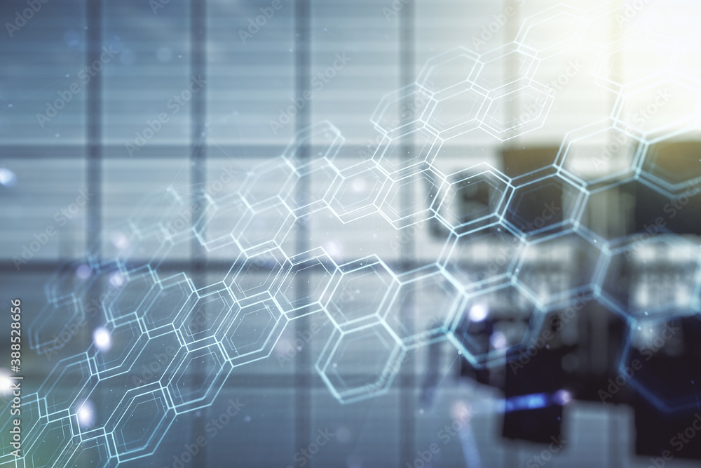 Poster abstract virtual wireless technology hologram with hexagon on a modern conference room background. b