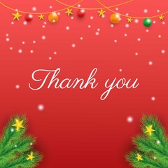 Fototapeta na wymiar Thank you card vector deign. Editable flat design banner with leaf, stars, snow and ball decoration. Usable for card , poster and banner.