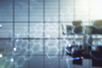 Abstract virtual wireless technology hologram with hexagon on a modern conference room background. Big data and database concept. Multiexposure