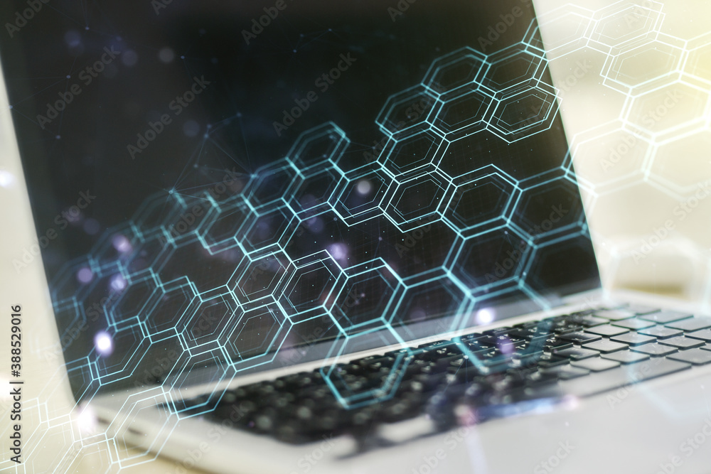 Poster double exposure of technology hologram with hexagon on laptop background. research and development s