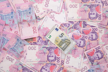 collection of euro and hryvnia banknotes isolated on white background, close view