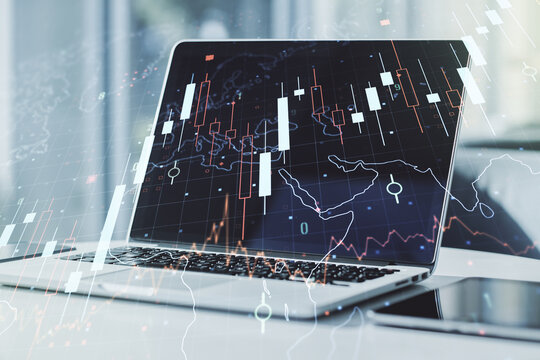 Multi exposure of abstract financial diagram with world map on computer background, banking and accounting concept