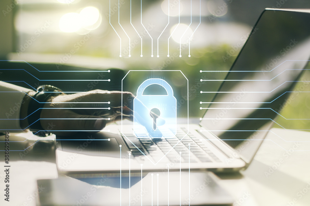 Poster creative lock sketch with chip hologram and hands typing on computer keyboard on background, protect