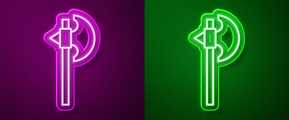 Glowing neon line Medieval axe icon isolated on purple and green background. Battle axe, executioner axe. Medieval weapon. Vector.