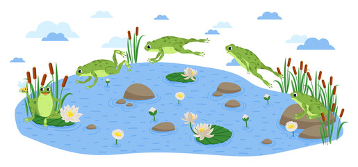 Fototapeta na wymiar Jumping Frog. Happy frog sit and jump clip art, different pose. Set of green frog and water lily