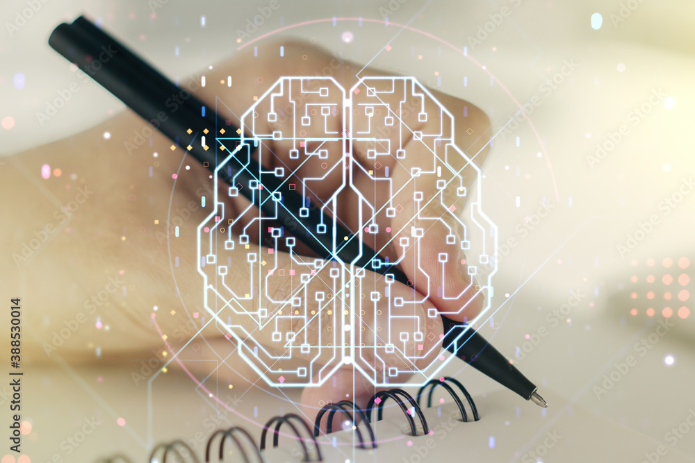 Poster double exposure of creative artificial intelligence symbol with man hand writing in notebook on back