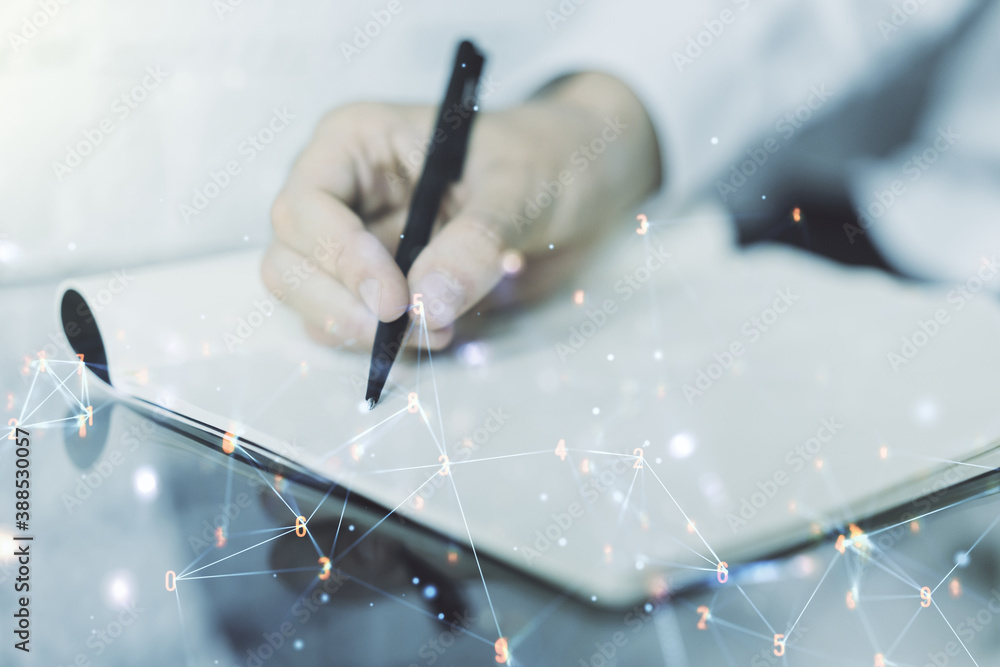 Aufkleber Creative concept of wireless technology and man hand writing in notebook on background. Big data and database concept. Multiexposure