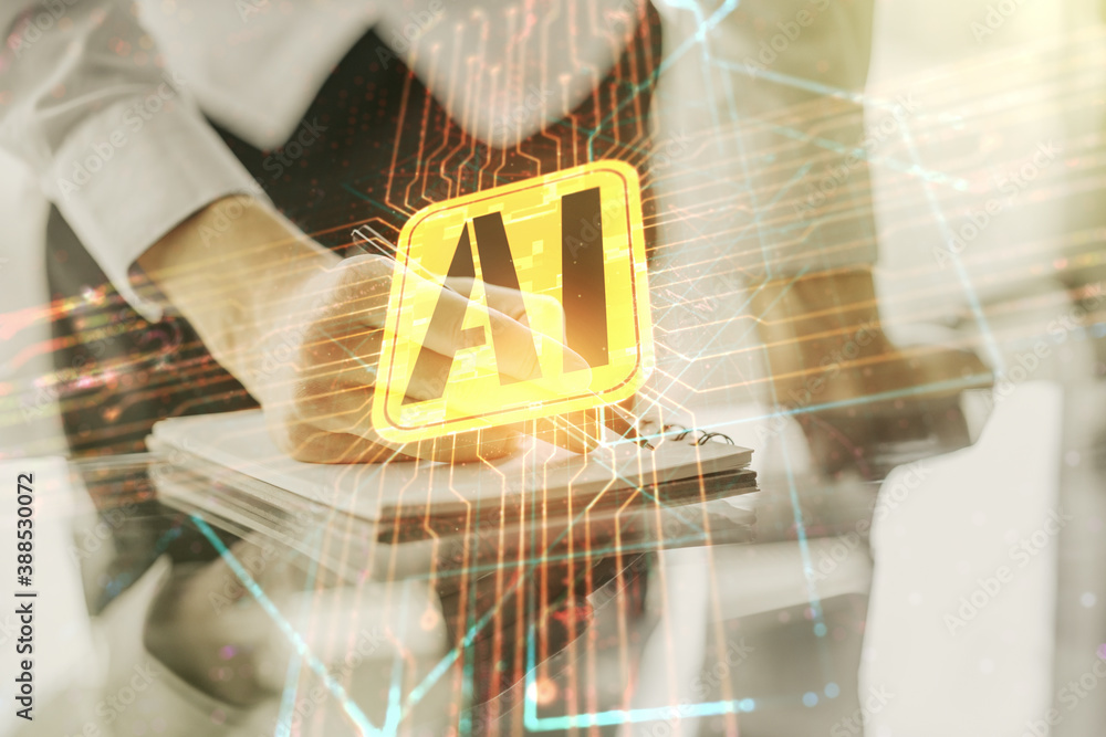 Poster double exposure of creative artificial intelligence icon with man hand writing in notebook on backgr