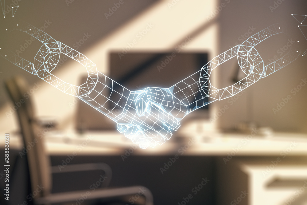 Poster double exposure of blockchain technology with handshake hologram and modern desktop with laptop on b