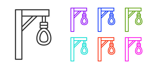 Black line Gallows rope loop hanging icon isolated on white background. Rope tied into noose. Suicide, hanging or lynching. Set icons colorful. Vector.