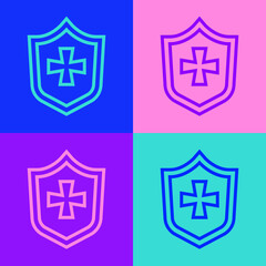 Pop art line Shield icon isolated on color background. Guard sign. Security, safety, protection, privacy concept. Vector.